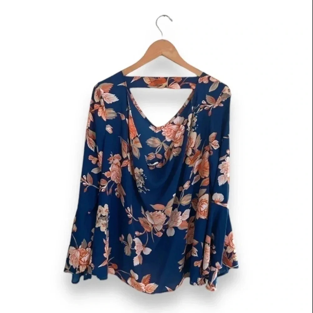 Navy Floral Bell Sleeve Top - Picture 4 of 11